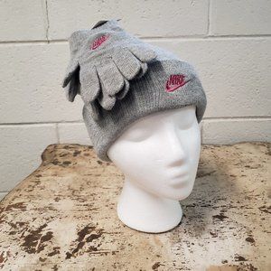 NIKE Youth Girls 2 Piece Set ~ Knit Hat & Gloves ~ Grey Heather ~ Pink Logo